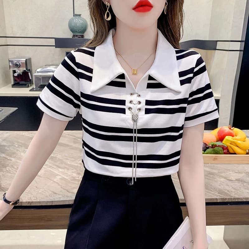 스트라이프 카라 반팔티 레이스업 장식 · 탑 & 티셔츠 · 스트라이프 반팔티 이미지 3