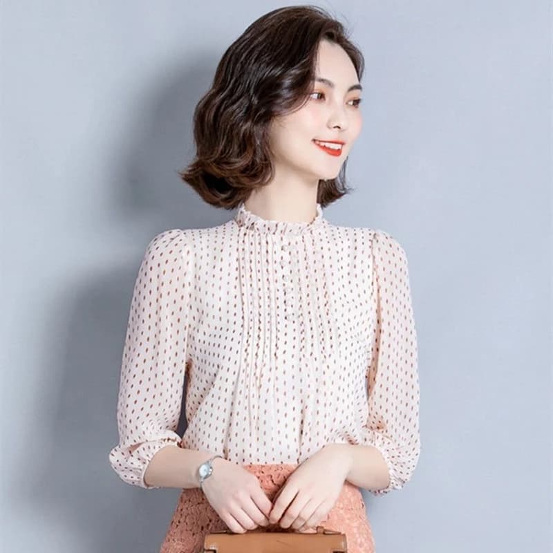 폴카 도트 시폰 프릴넥 블라우스 썸네일 5
