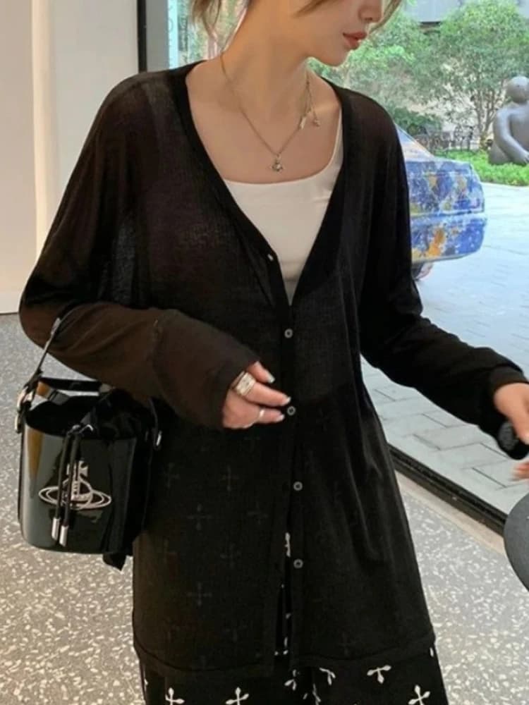 V넥 루즈핏 긴팔 골지 카디건 썸네일 5