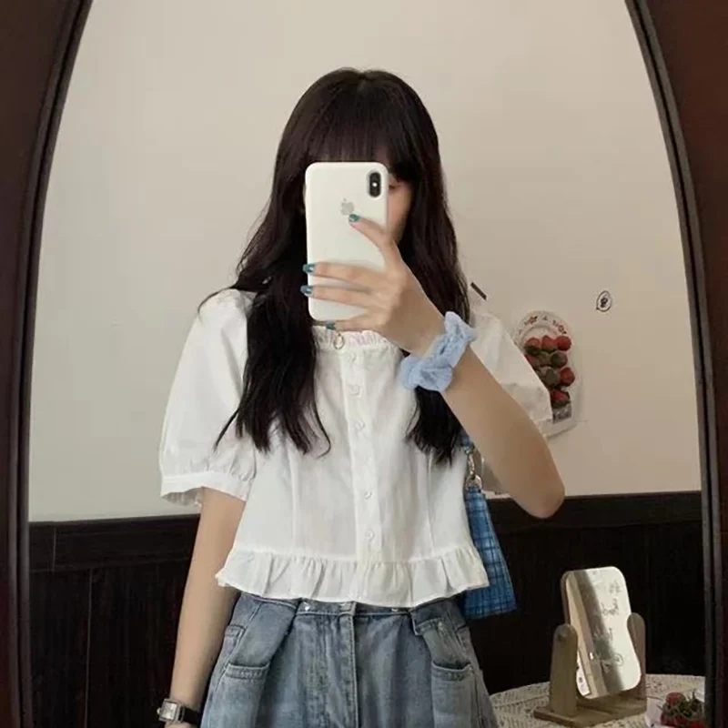 여름 프릴 퍼프소매 크롭 블라우스 썸네일 6