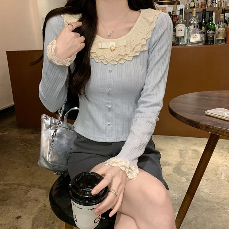 봄 가을 레이스 카라 슬림핏 긴팔 티셔츠 · 탑 & 티셔츠 · 긴팔티 레이스 이미지 3