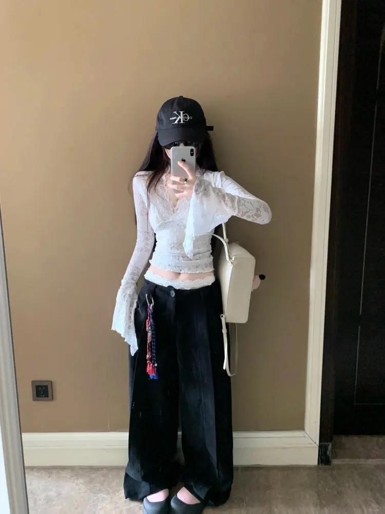 V넥 레이스 플레어 슬림 긴팔티 썸네일 5