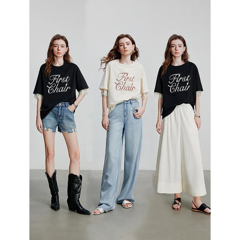 TOYOUTH 레이스 소매 레터링 루즈핏 반팔티 썸네일 5