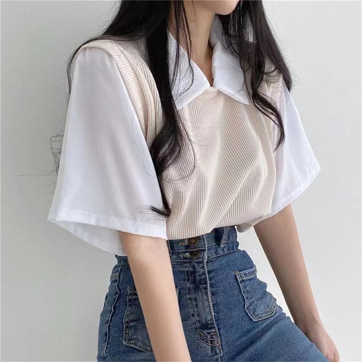 여름 폴로카라 페이크 레이어드 루즈핏 블라우스 · 여성 탑스 · 여름블라우스 폴로카라 이미지 3