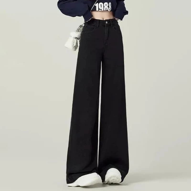 여성 블랙 하이 웨이스트 청바지 소녀 세련된 패션 스트레이트 레그 데님 바지 여성 얇은 루즈핏 캐주얼 데일리 바지 이미지 3