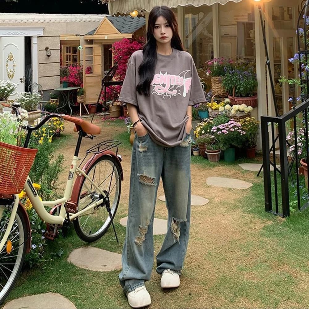 펀칭 디테일 하이웨스트 와이드 데님 · 청바지(신품) · 와이드데님 펀칭디테일 이미지 4