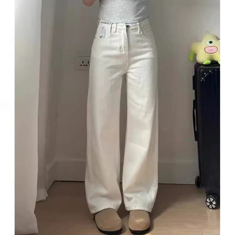 여성 한국 패션 하이웨이스트 청바지 여성 루즈핏 데님 바지 소녀 화이트 캐주얼 스트레이트 레그 팬츠 · 청바지(신품)
