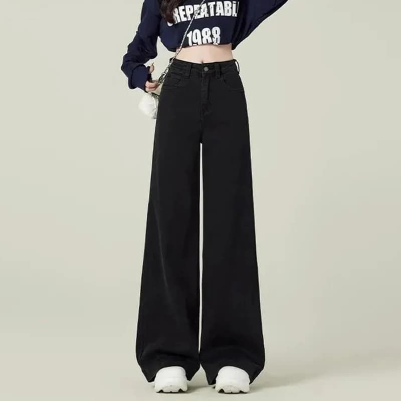 여성 블랙 하이 웨이스트 청바지 소녀 세련된 패션 스트레이트 레그 데님 바지 여성 얇은 루즈핏 캐주얼 데일리 바지 이미지 2
