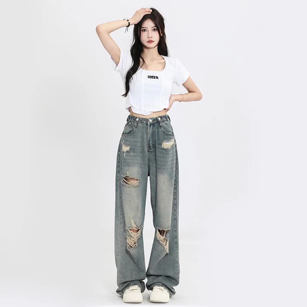 펀칭 디테일 하이웨스트 와이드 데님 · 청바지(신품) · 와이드데님 펀칭디테일 이미지 3