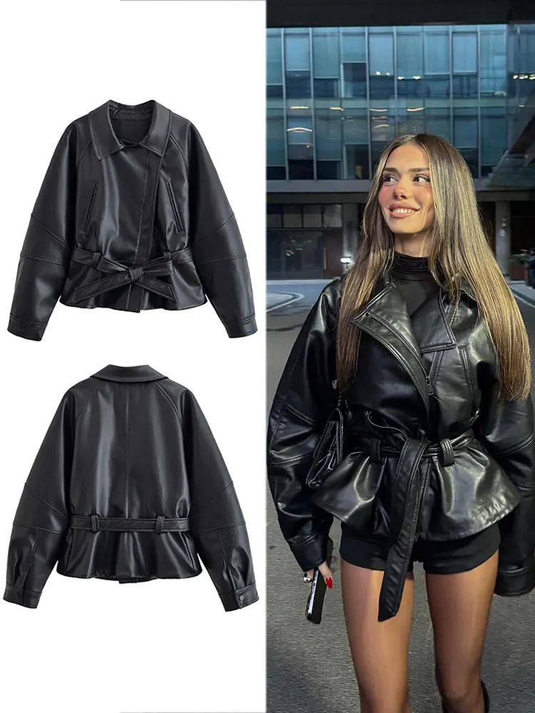 블랙 페이크레더 벨트 숏 자켓 · Faux Leather · 레더자켓 블랙자켓