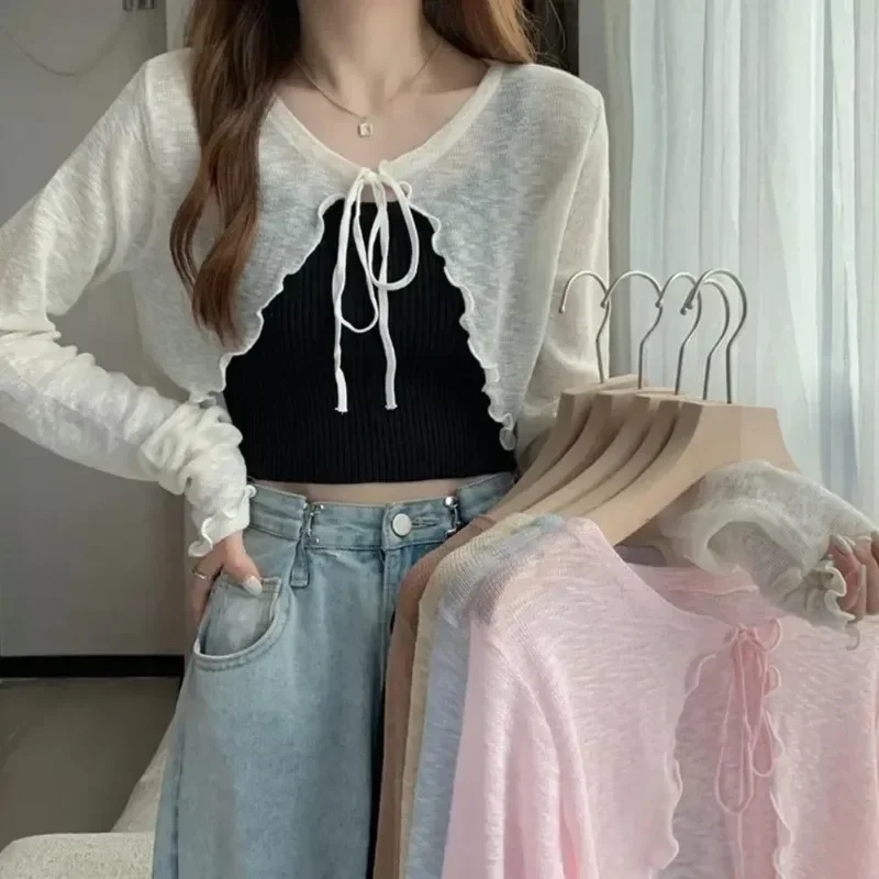 물결 스트링 크롭 시스루 카디건 이미지 3