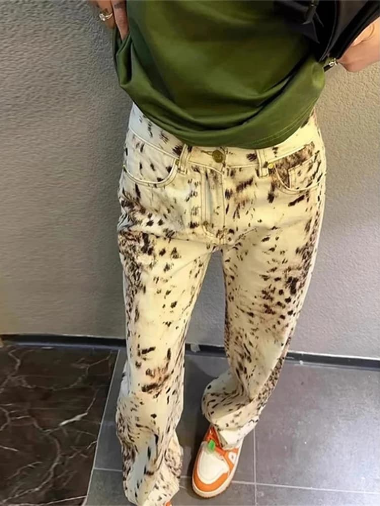 레오파드 프린트 스트레이트 와이드 레그 청바지 여성 하이 웨이스트 레트로 청바지 streetwear y2k 빈티지 바지 하이 스트리트 데님 바지 · 청바지(신품) 이미지 3
