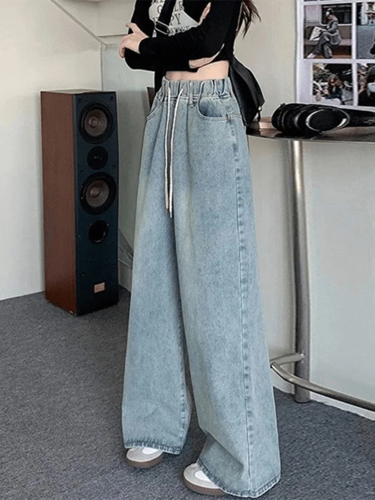 Botvotee 탄성 허리 높은 허리 넓은 다리 청바지 여성을위한 느슨한 스트레이트 블루 긴 데님 바지 여성 패션 streetwear 청바지 · 청바지(신품) 이미지 3