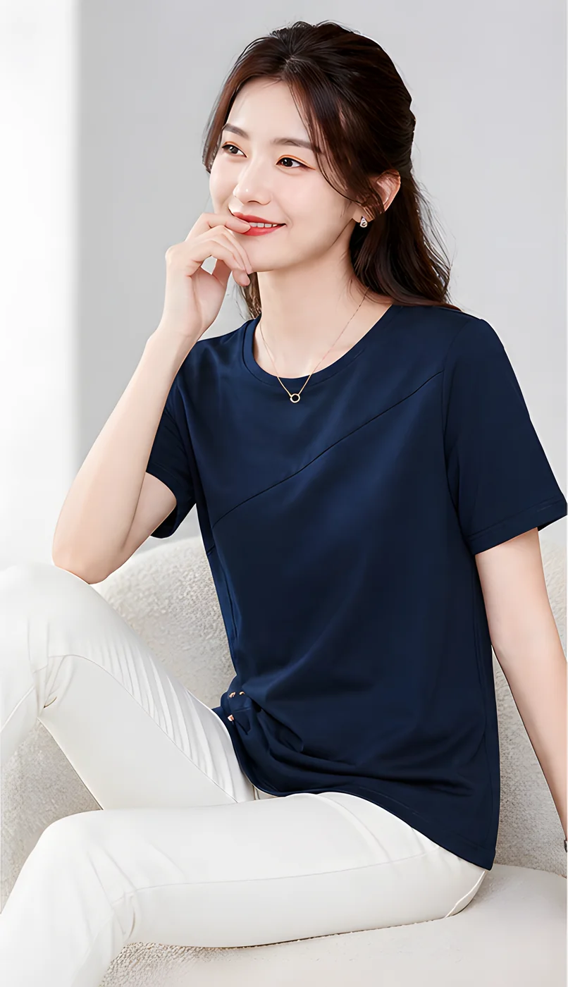 단색 코튼 라운드넥 옆트임 반소매 티셔츠 · 여성 탑스 · 반팔티 코튼티 이미지 3