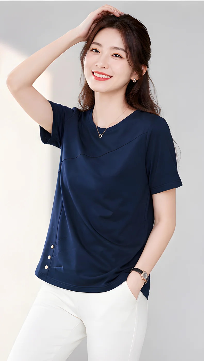 단색 코튼 라운드넥 옆트임 반소매 티셔츠 · 여성 탑스 · 반팔티 코튼티 이미지 4