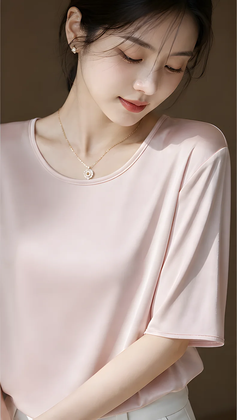 단색 실키 새틴 루즈핏 반팔 블라우스 · 여성 탑스 · 실키블라우스 새틴블라우스 이미지 3