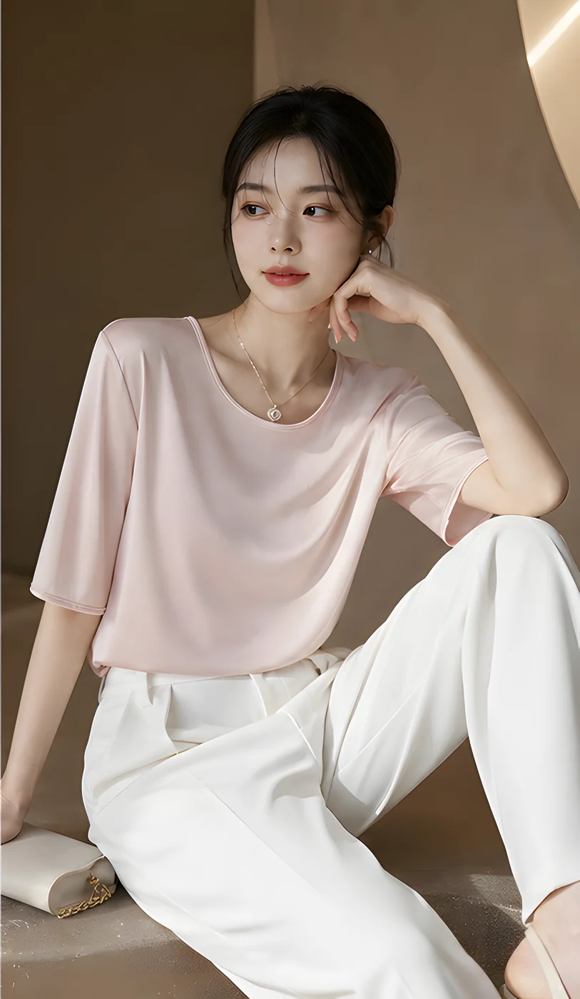 단색 실키 새틴 루즈핏 반팔 블라우스 · 여성 탑스 · 실키블라우스 새틴블라우스 이미지 4