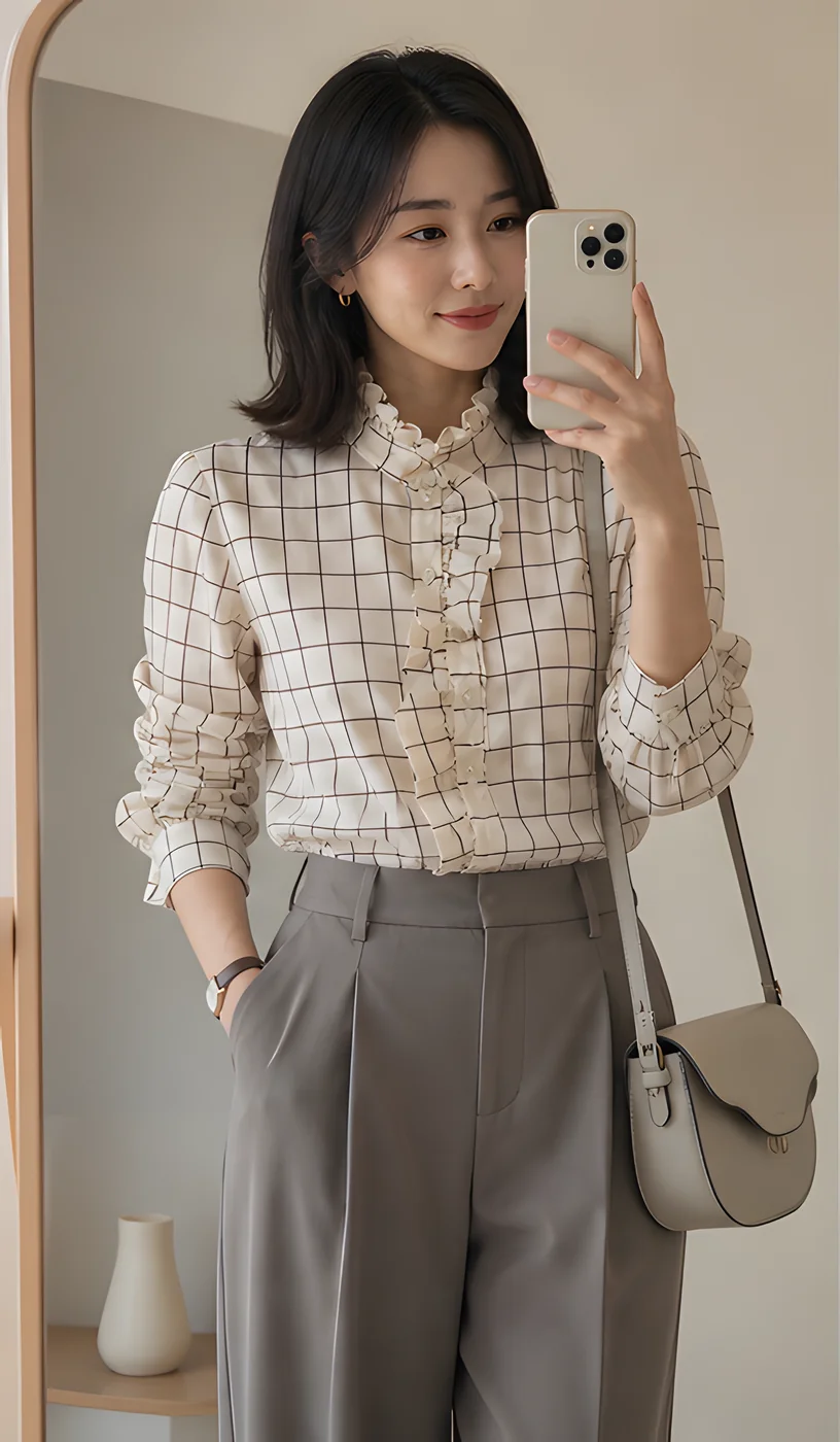 프릴 카라 체크 긴팔 블라우스 · 여성 탑스 · 프릴블라우스 체크셔츠