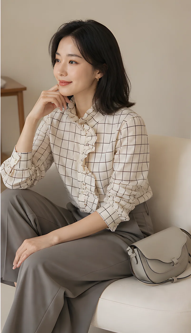 프릴 카라 체크 긴팔 블라우스 · 여성 탑스 · 프릴블라우스 체크셔츠 이미지 4