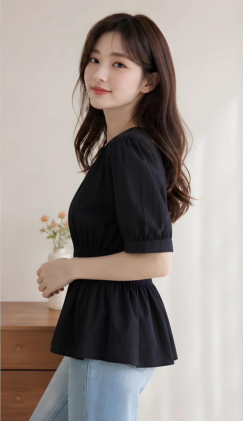 여름 브이넥 밴딩 반팔 블라우스 이미지 2