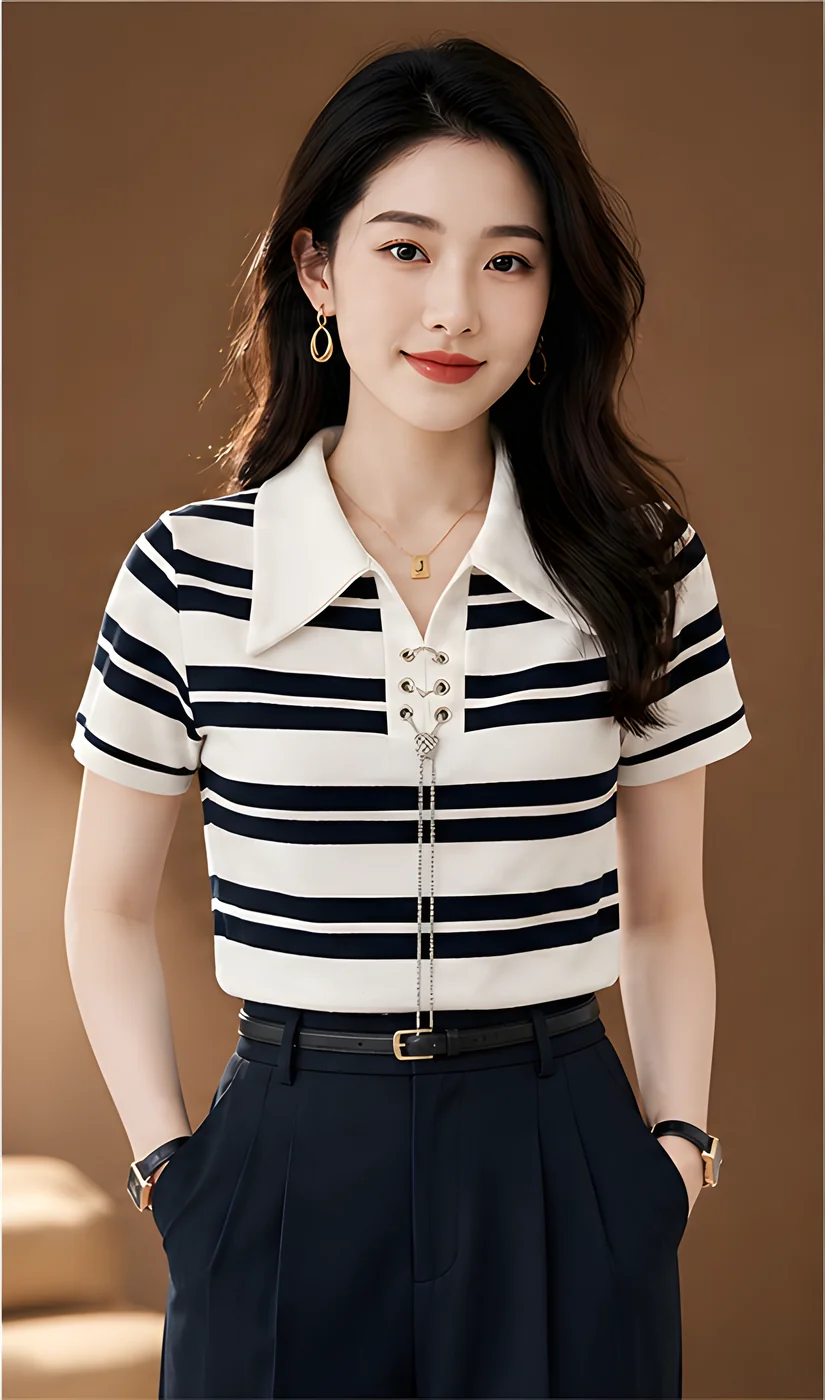 스트라이프 카라 반팔티 레이스업 장식