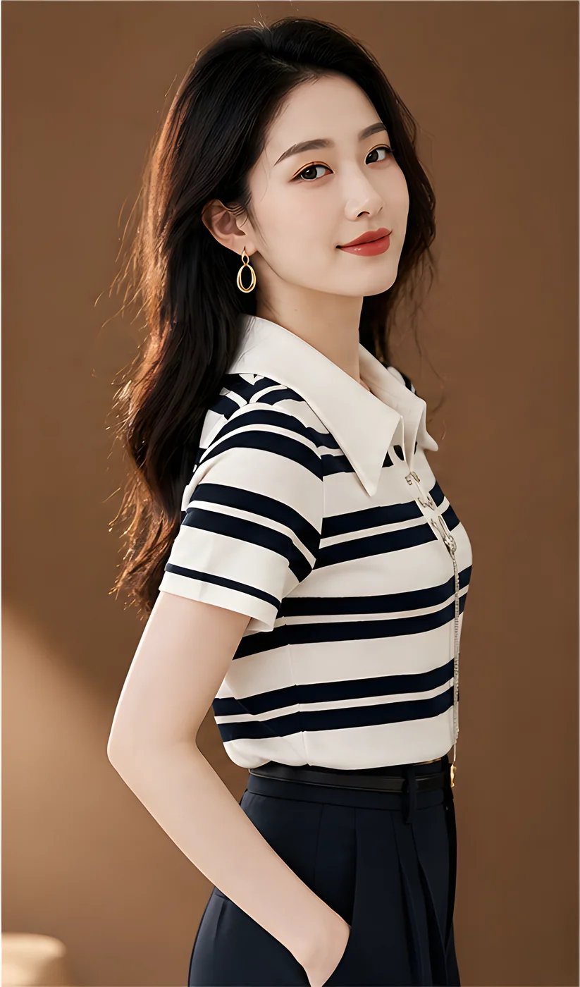 스트라이프 카라 반팔티 레이스업 장식 이미지 2