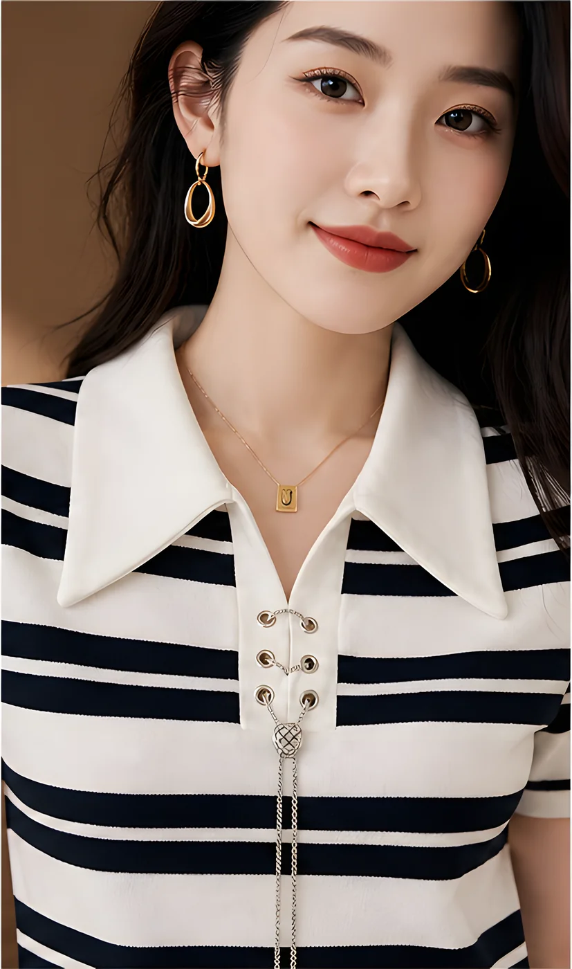 스트라이프 카라 반팔티 레이스업 장식 이미지 3