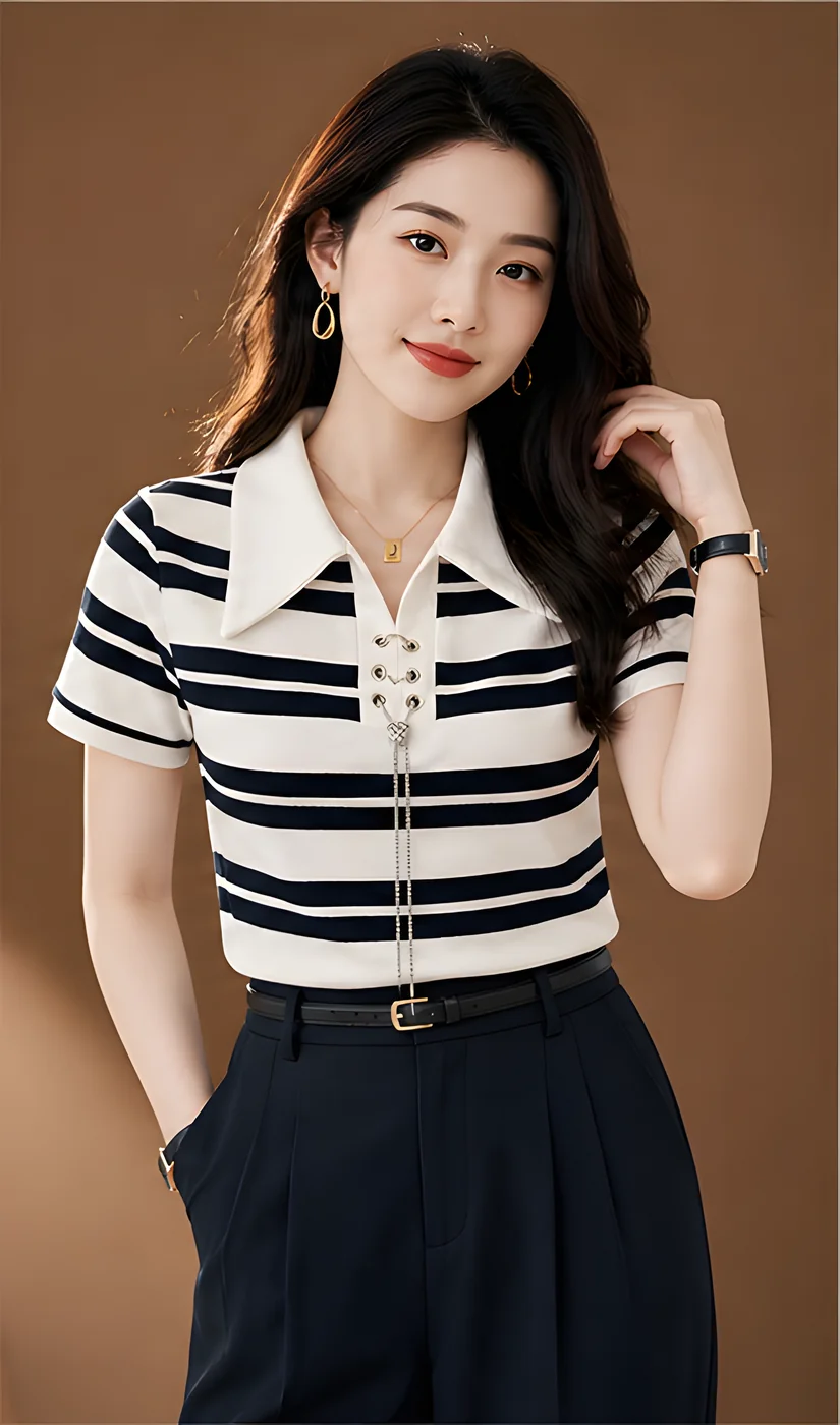 스트라이프 카라 반팔티 레이스업 장식 · 탑 & 티셔츠 · 스트라이프 반팔티 이미지 4