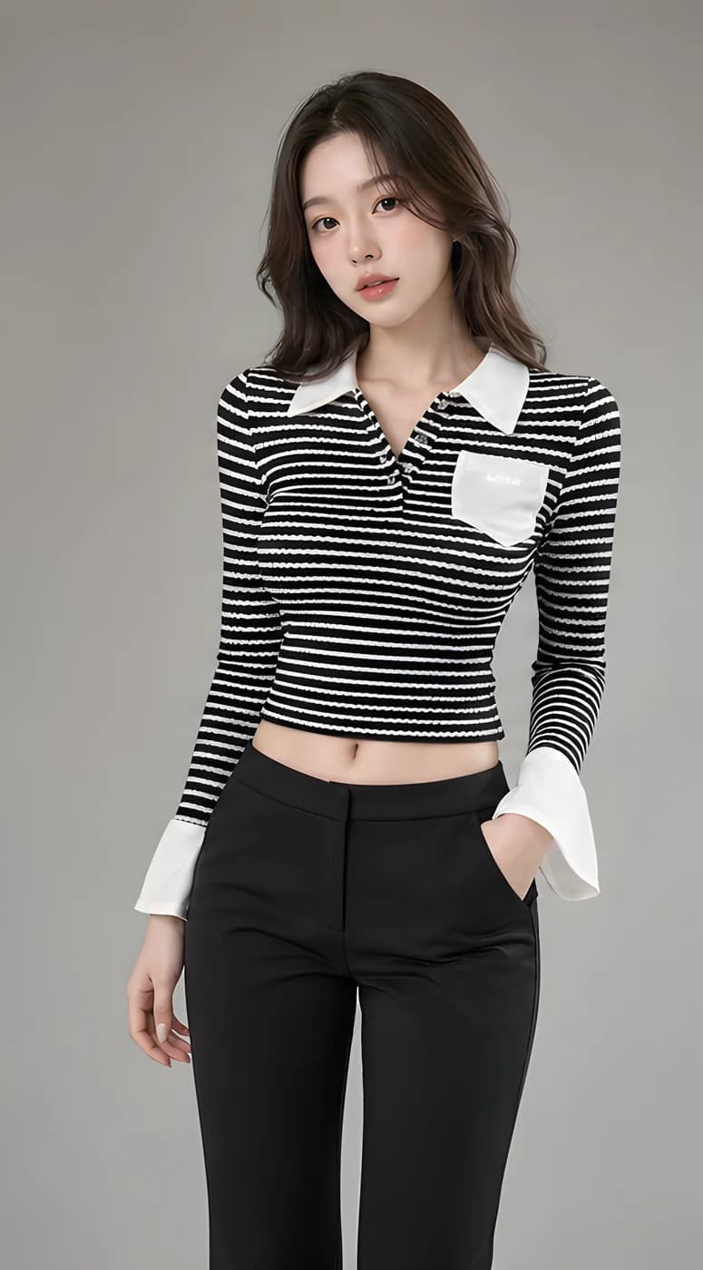 스트라이프 카라 슬림핏 크롭 긴팔티 · 빅사이즈 · 긴팔티 스트라이프