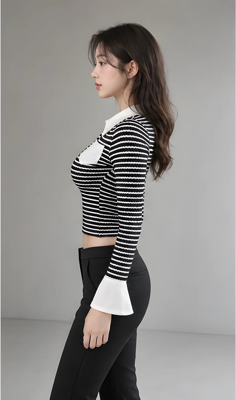 스트라이프 카라 슬림핏 크롭 긴팔티 · 빅사이즈 · 긴팔티 스트라이프 이미지 3
