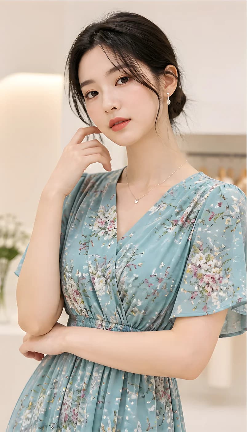 플라워 쉬폰 V넥 반팔 하이웨이스트 원피스 · 원피스 · 플라워원피스 쉬폰원피스 이미지 3